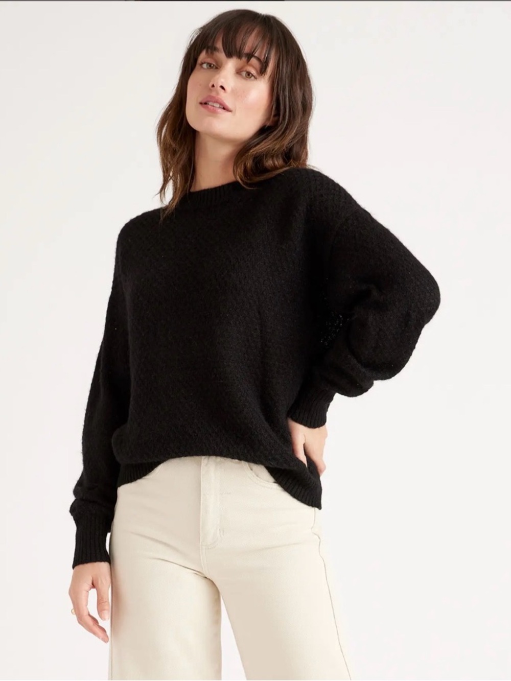 Quince Baby Alpaca-Wool Diamond Stitch Crew Sweater Black